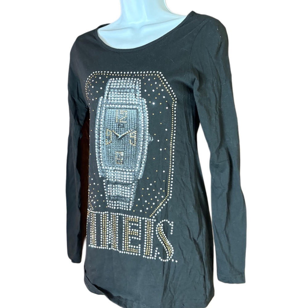 POL Long Sleeve Black Shirt, Watch, Time, Timeis, Gold & Silver Bling, S
